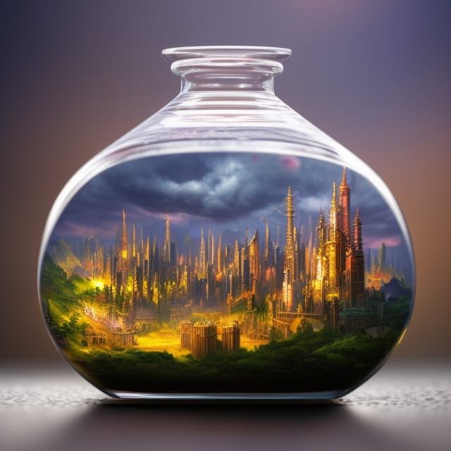 Miniature City Inside Glass Bottle: Fantasy Art