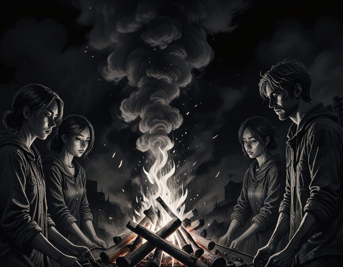 Manga-Inspired Ritual Scene in Dark, Moody Nighttime Setting