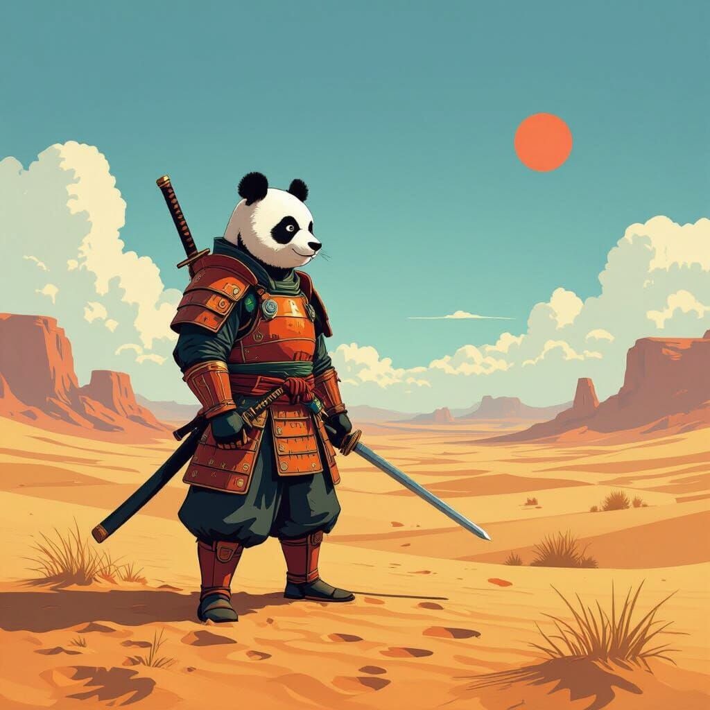Kung Fu Panda Samurai in Desert Landscape, Digital Painting
