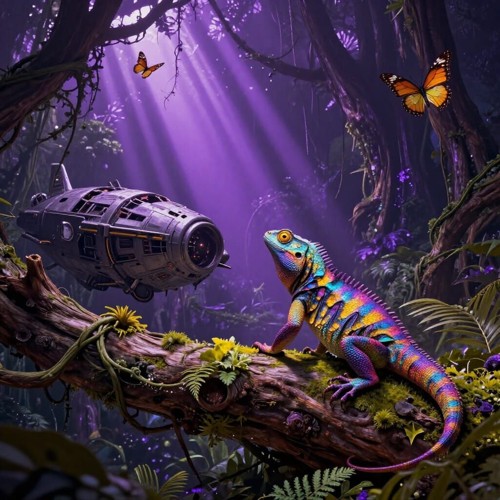 Alien Jungle Cyborg Lizard in Purple Light