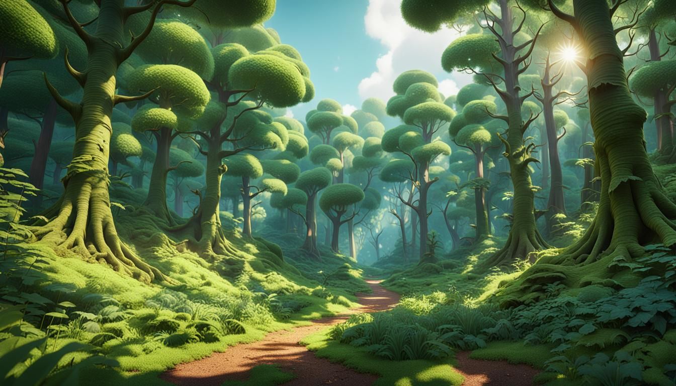 Vibrant, Sunlit Forest in 3D Cartoon Style