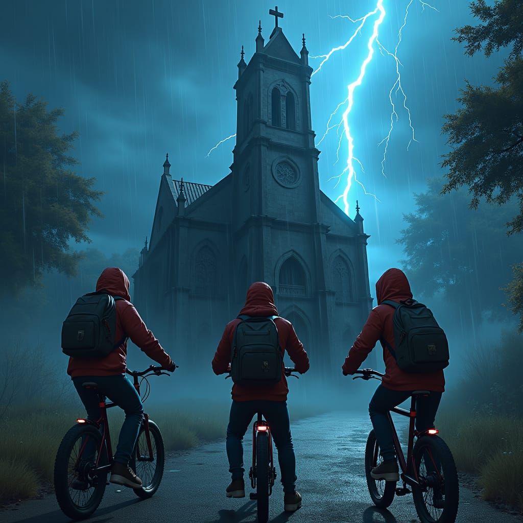 Teenagers and Abandoned Church in Fantasy Concept Art Style