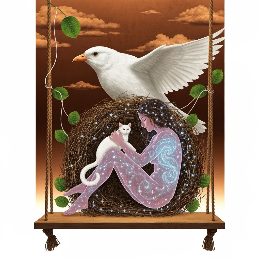 Ethereal Woman With Cat Under Bioluminescent Bird