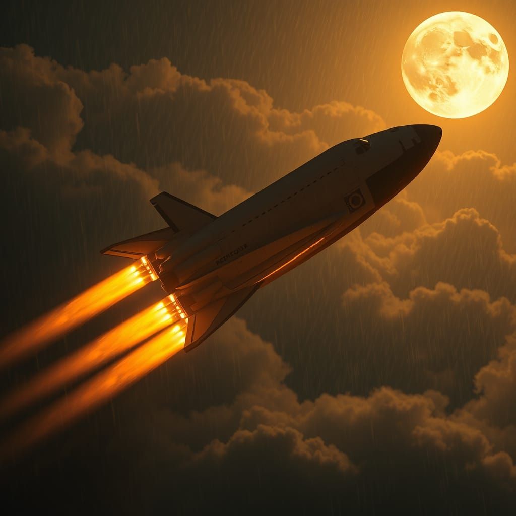 Space Shuttle Soaring Through Rain in Photorealistic Style