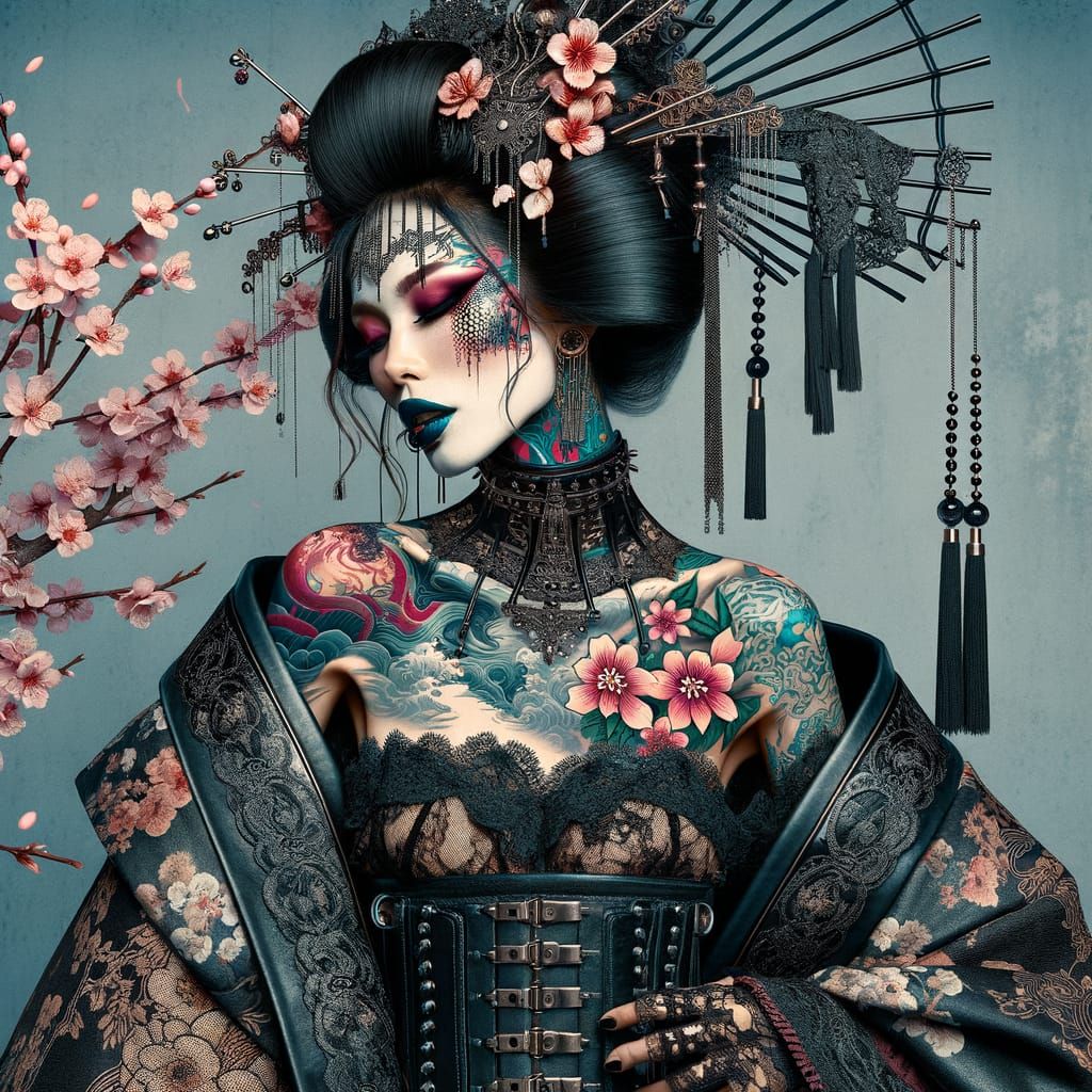 Goth-Punk Geisha with Cherry Blossom Tattoo in Art Nouveau S...