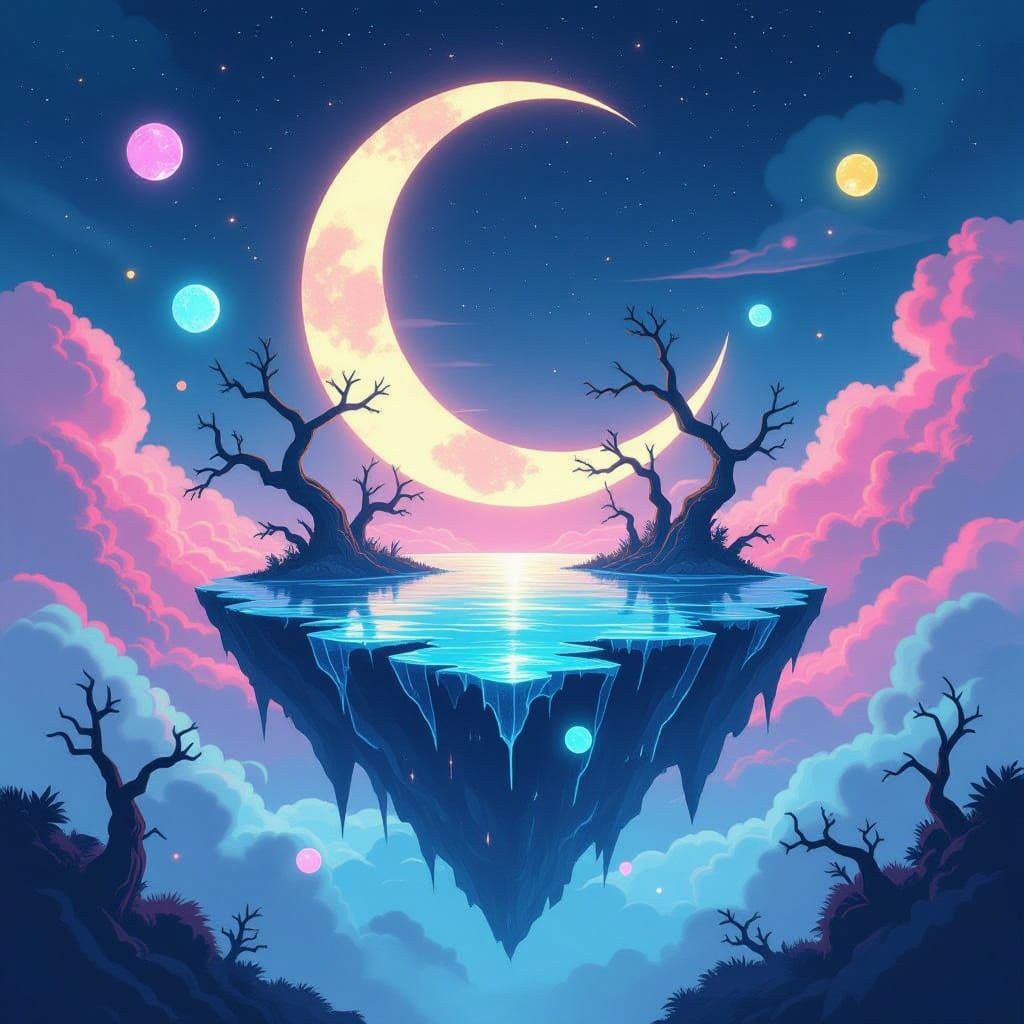 Surreal Dreamscape with Fractured Island and Twisted Trees i...