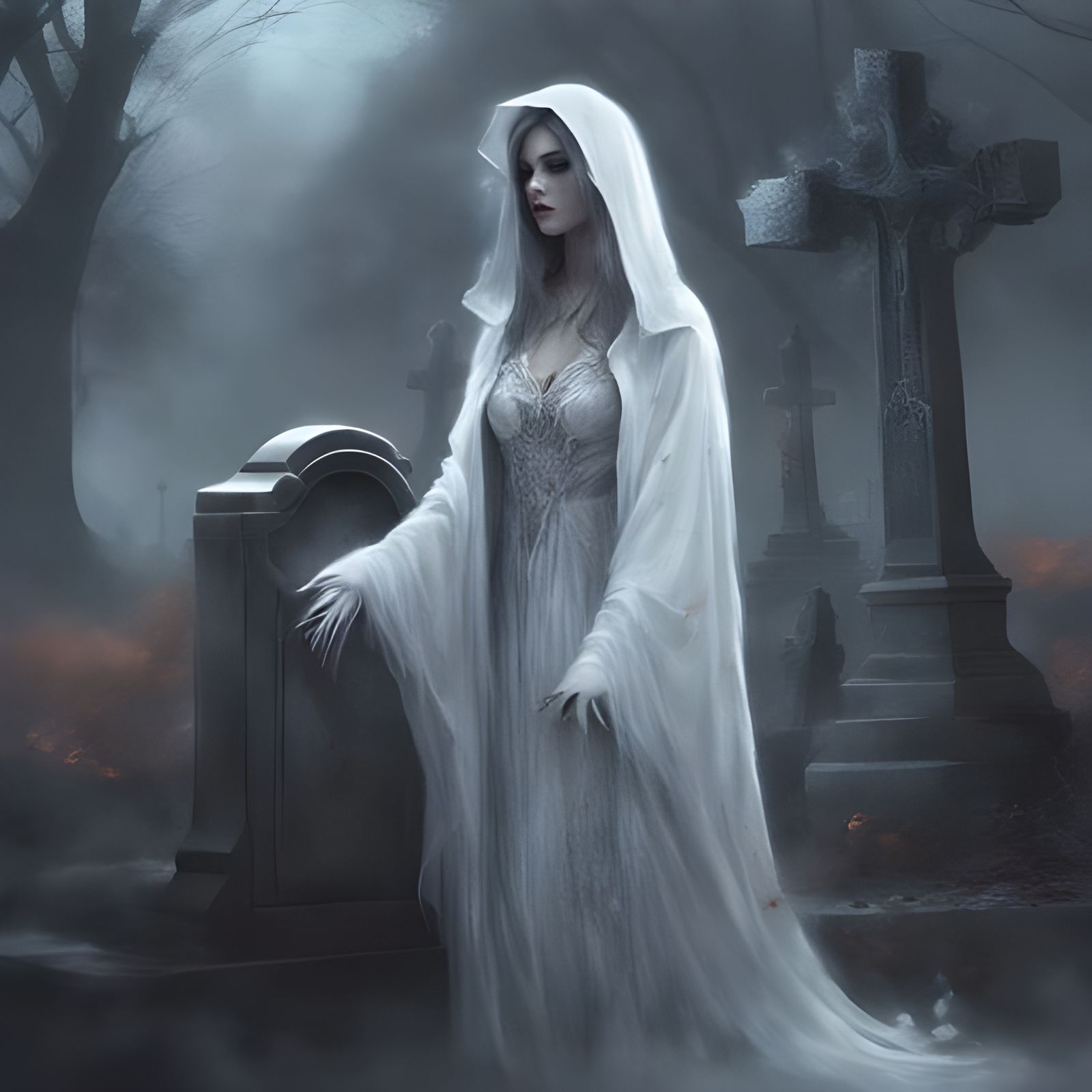 Beautiful Female Ghost in Cemetery, Realistic