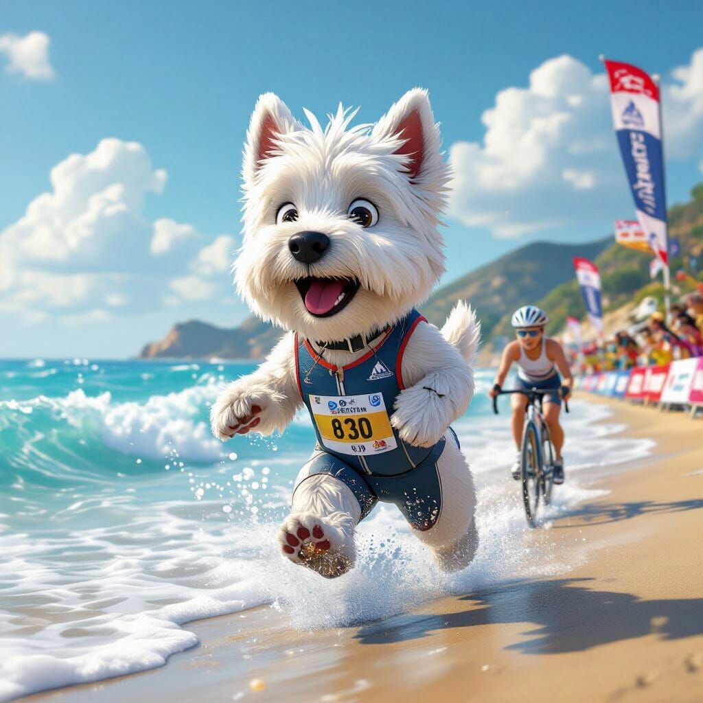 Cute Westie Completes Triathlon by the Sea in Pixar Style