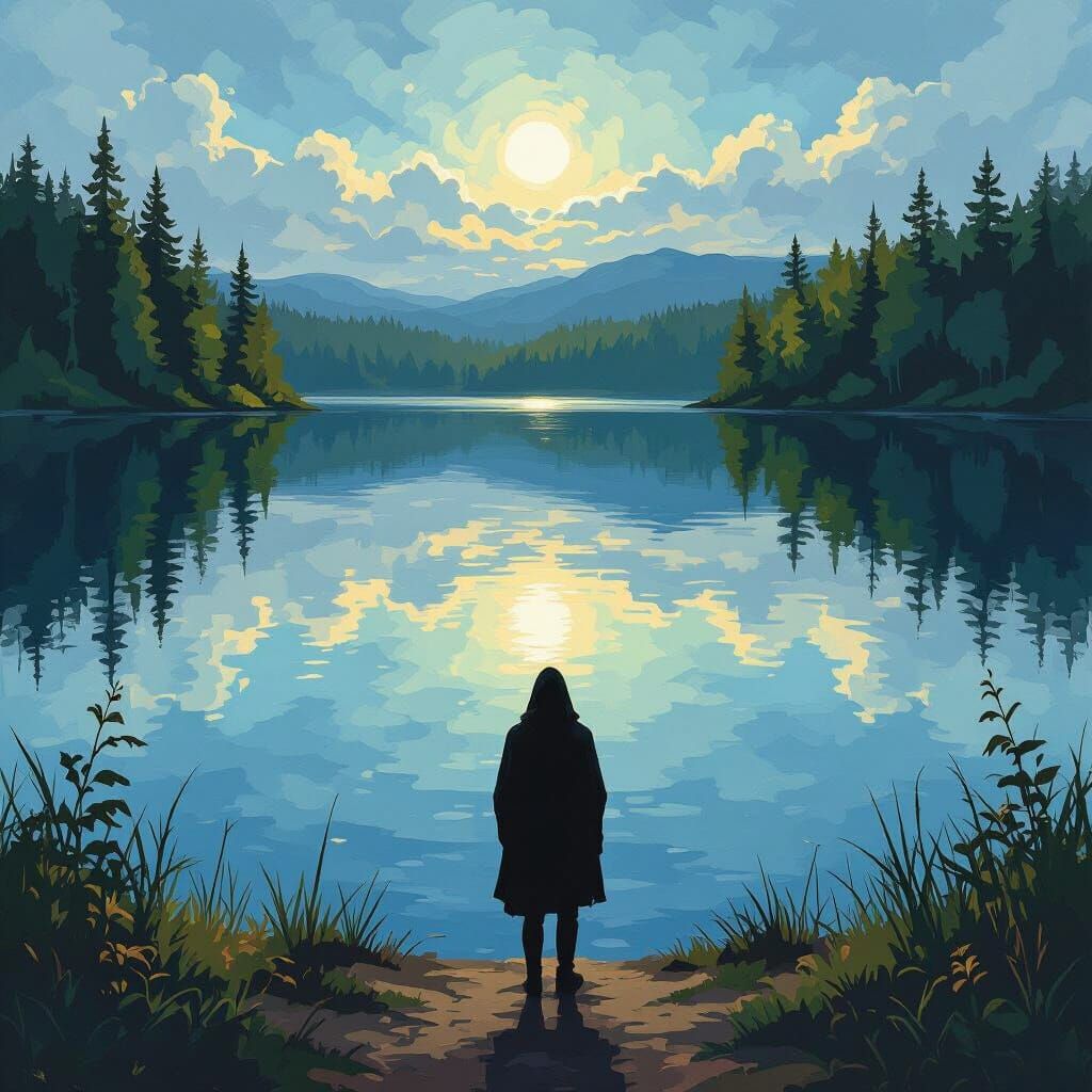 Surreal Lakeside Reflection in Impressionistic Style