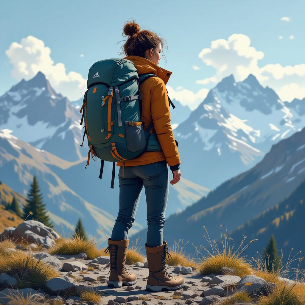 Woman with Backpack in Mountain Landscape