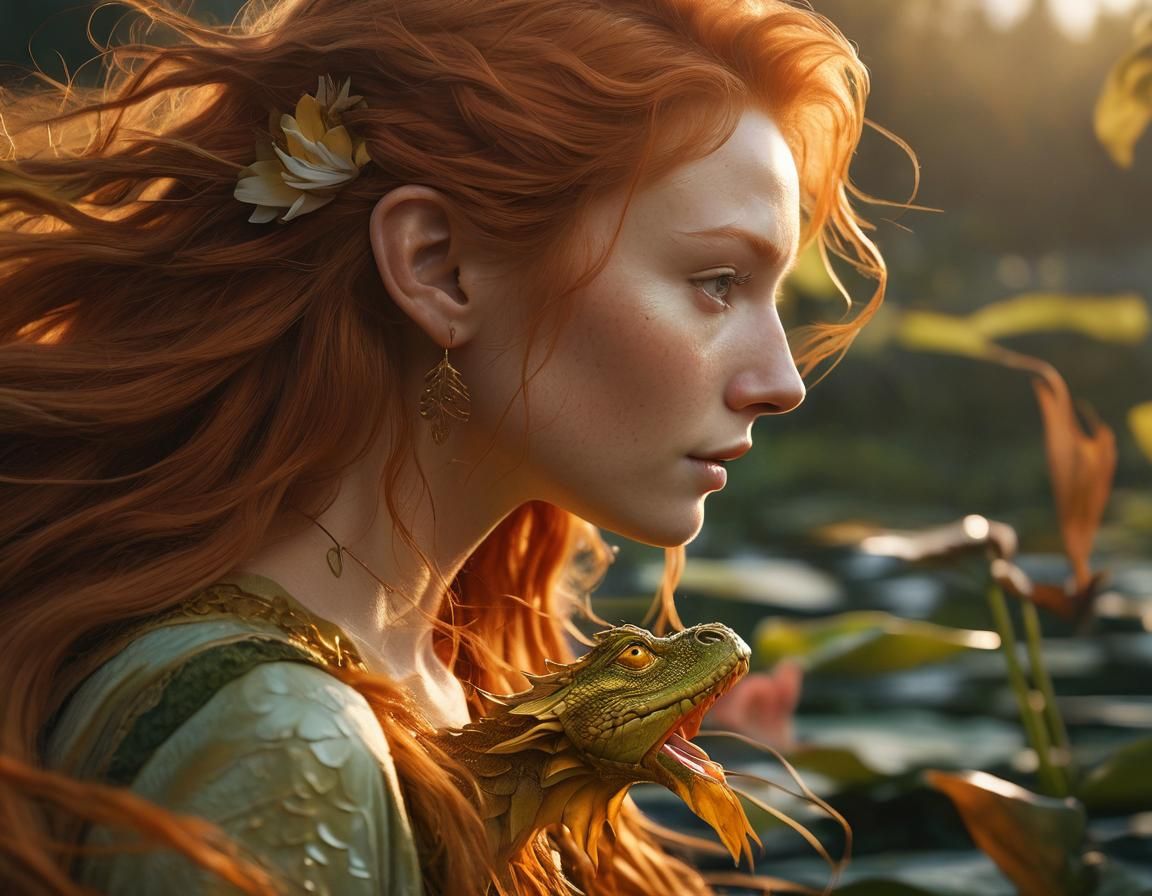 Ginger Woman with Dragon in Manga Style