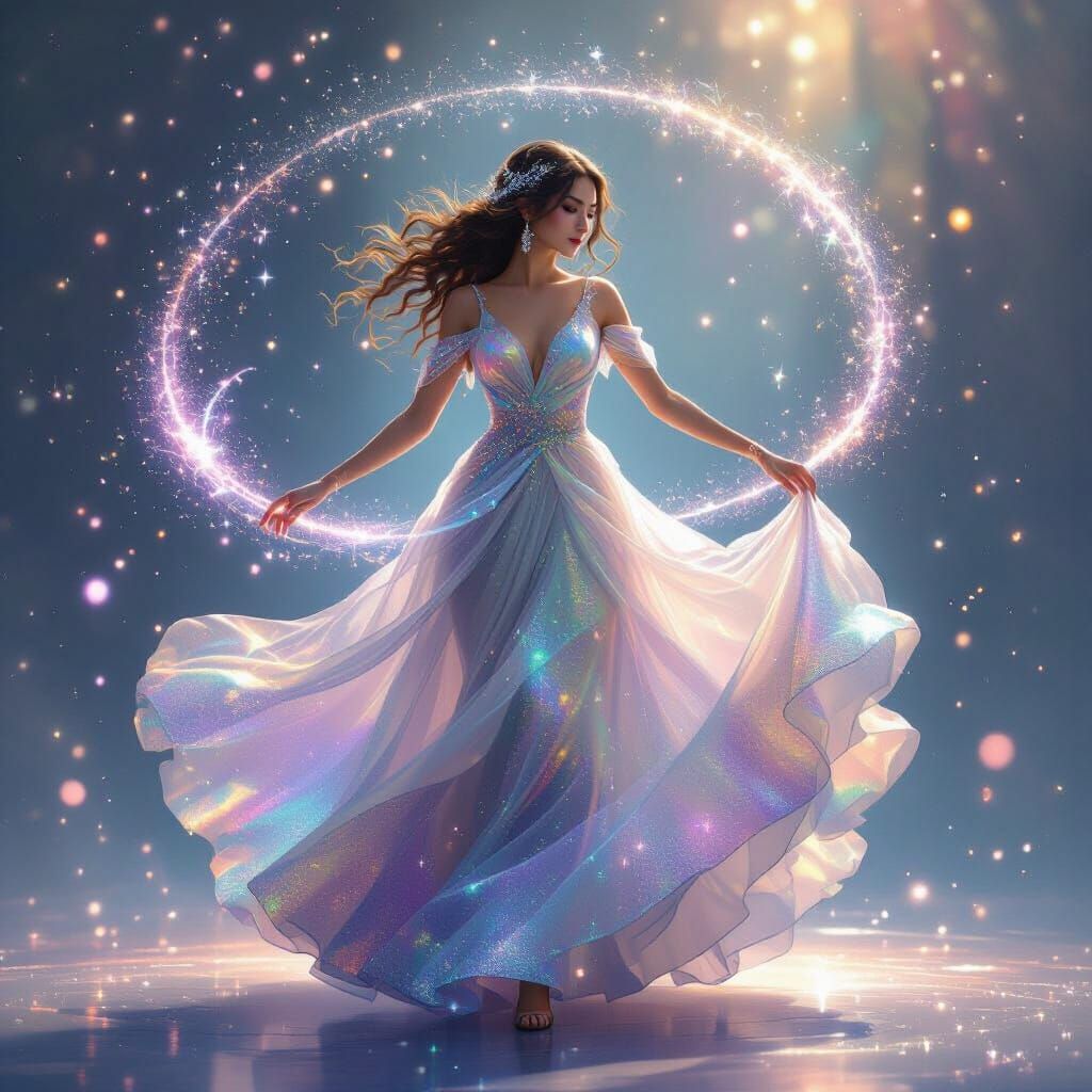 Celestial Woman Dancing with Swirling Stardust