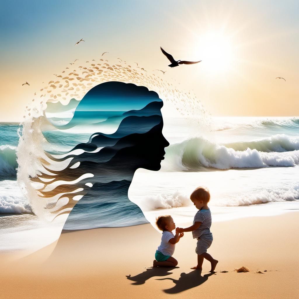 Silhouette of Mother and Child at the Beach