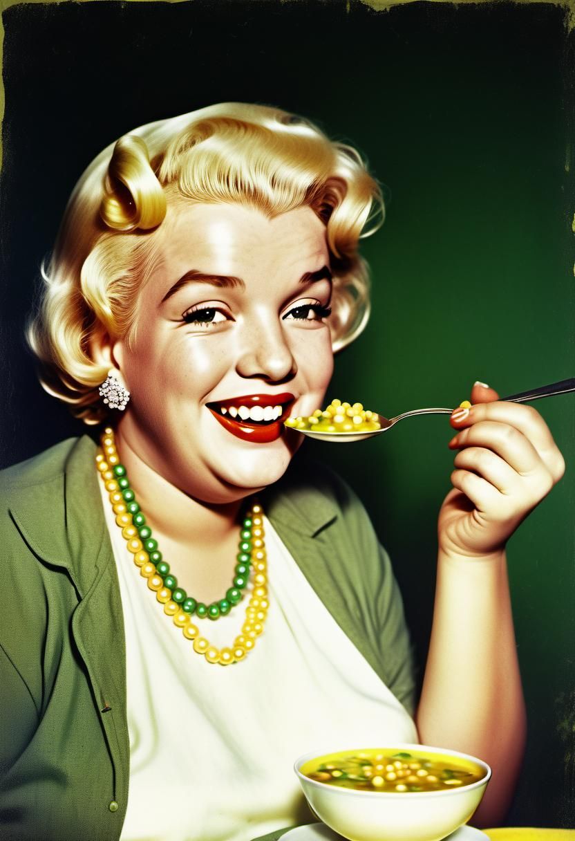 Obese Marilyn Monroe with Soup in 1950s Style