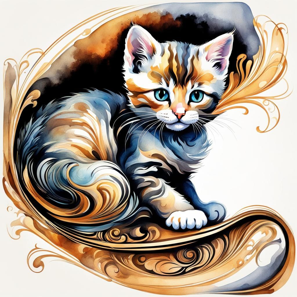 Stylized Kitten in Ink and Watercolor