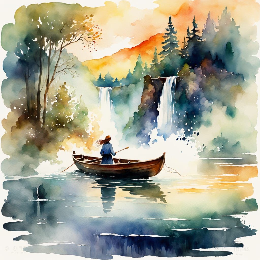Watercolor Lady in Boat Near Waterfall