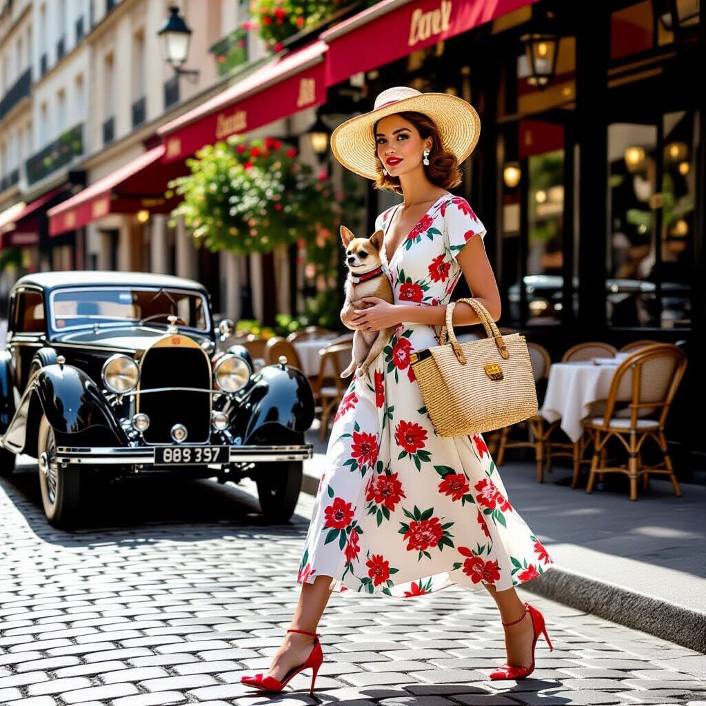 Elegant Woman with Chihuahua in Paris, Cinematic Style