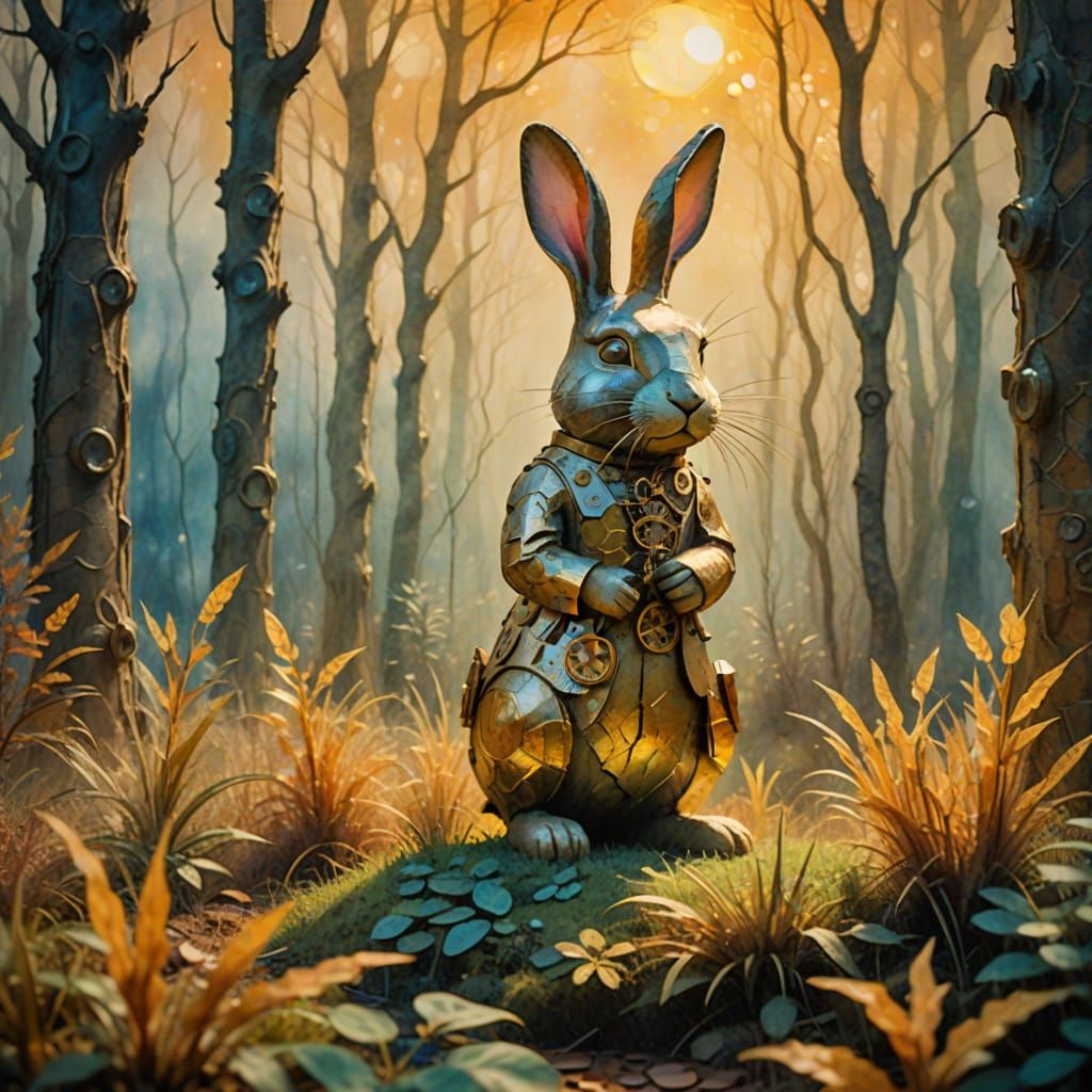 Ancient Rabbit Time Travel: Impressionist Clockwork Forest