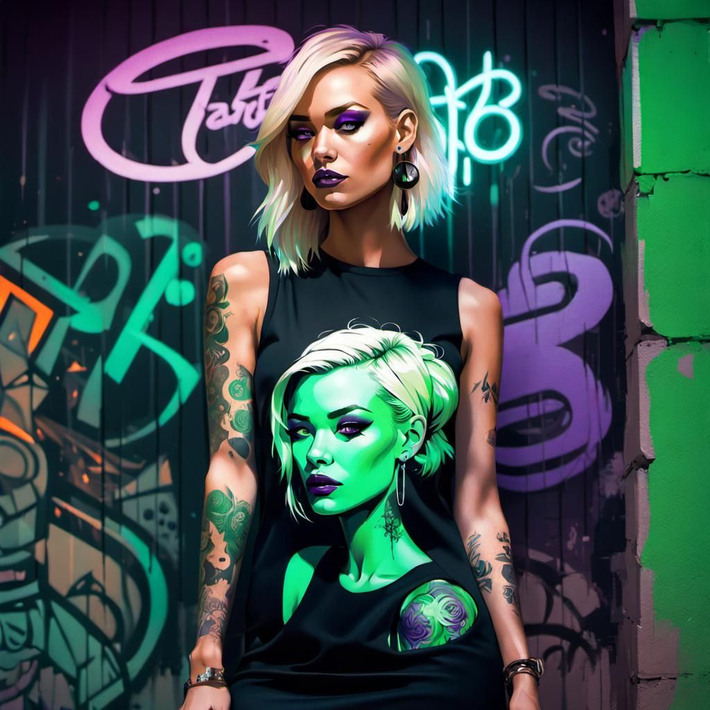 Tattooed Woman in Mini Dress, Grunge Graffiti Art