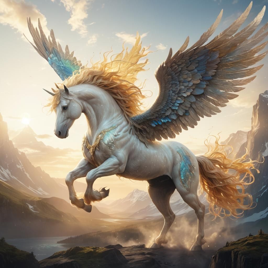 The Auroral Pegasus has a coat that shimmers with the colors of the sunrise, and its mane and tail are woven from strand...