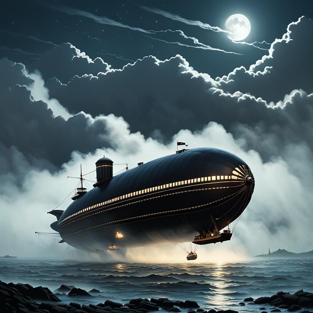 Steampunk Dirigible Emerges from Fog at Night