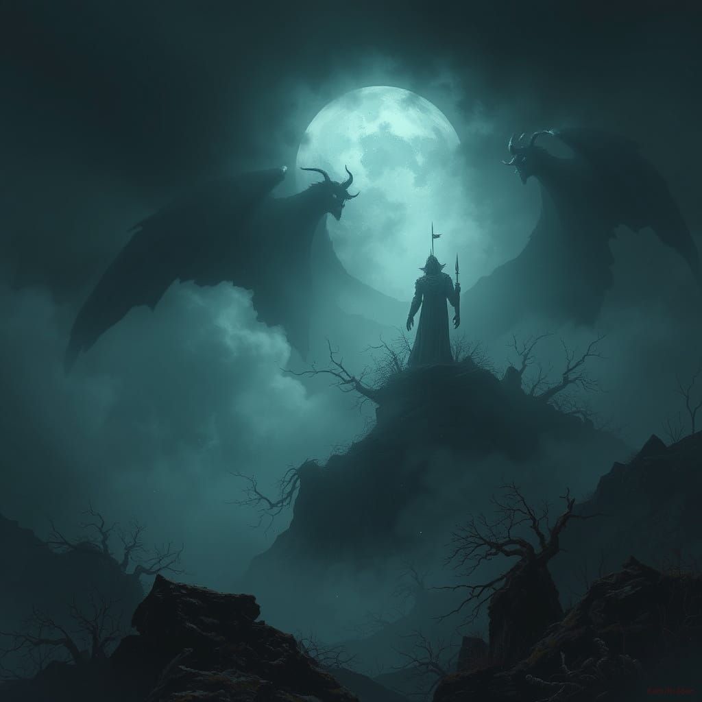 Ominous Dark Fantasy Landscape with Mystical Mist