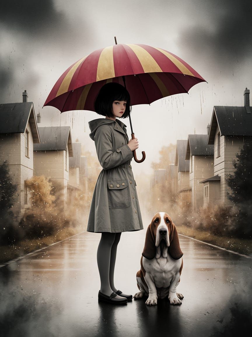 Girl with Basset Hound Under Striped Umbrella