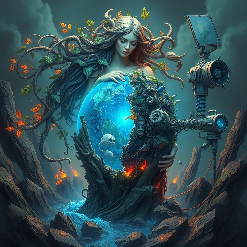 Mother Nature Cradles the World: Dystopian Organic Art