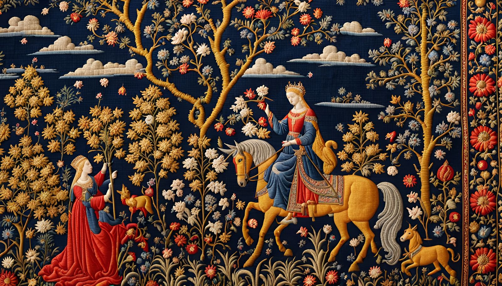 Embroidered Medieval Tapestry Scene