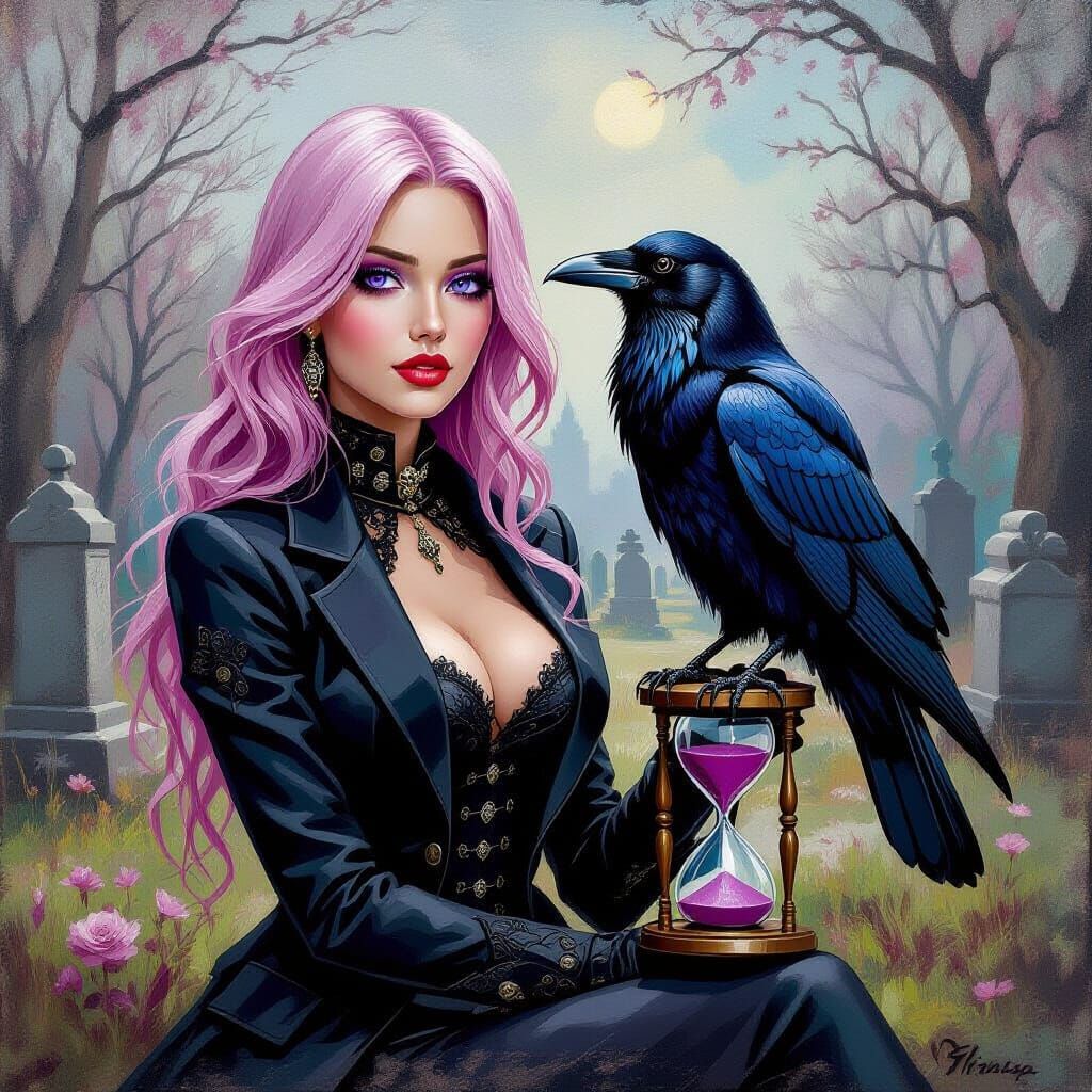 Gothic Woman with Raven in Cemetery Oil Painting