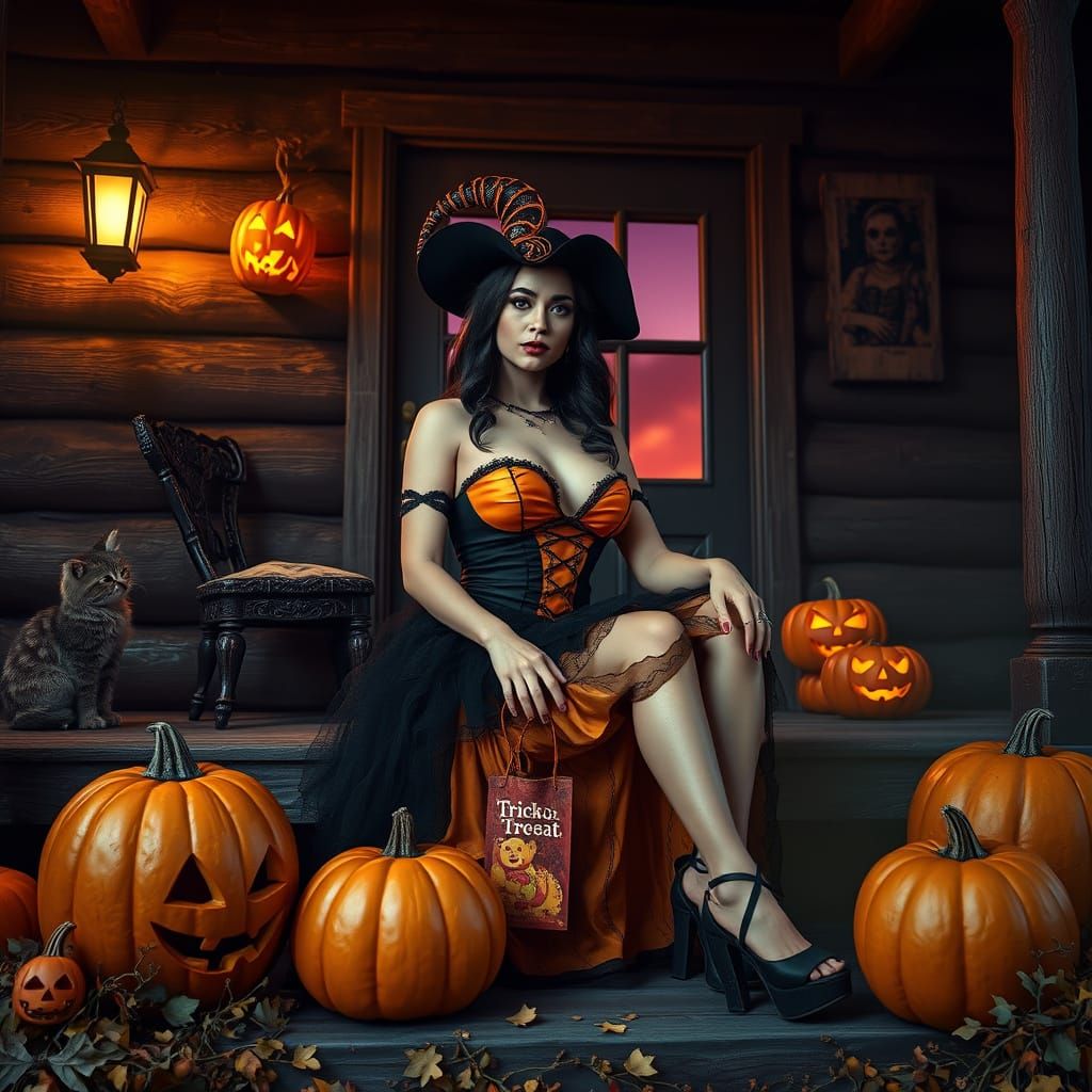 Seductive Halloween Scene with Pumpkins and Dark Fantasy Ele...