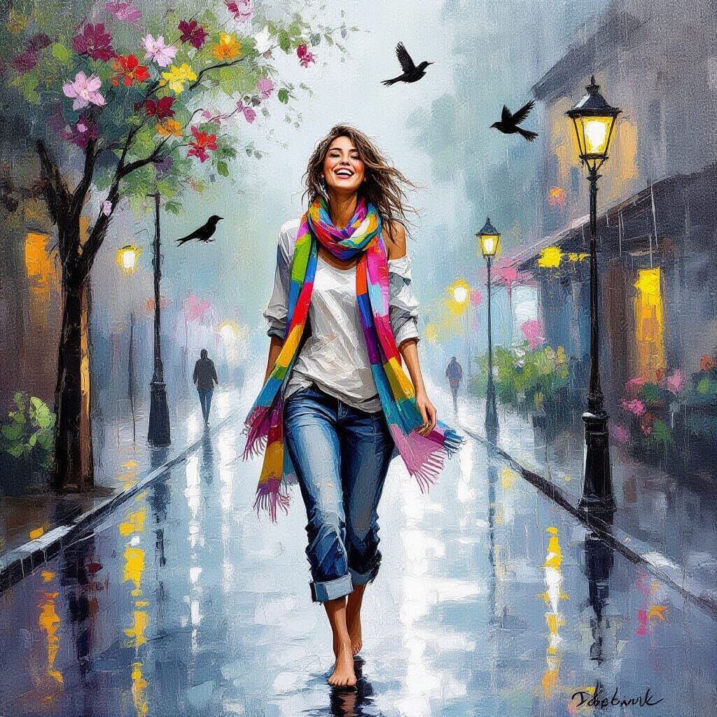 Joyful Woman Laughing in Rainy Street