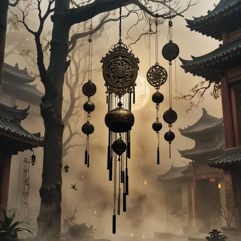 Wind Chime Repelling Evil Spirits in Eerie Mist