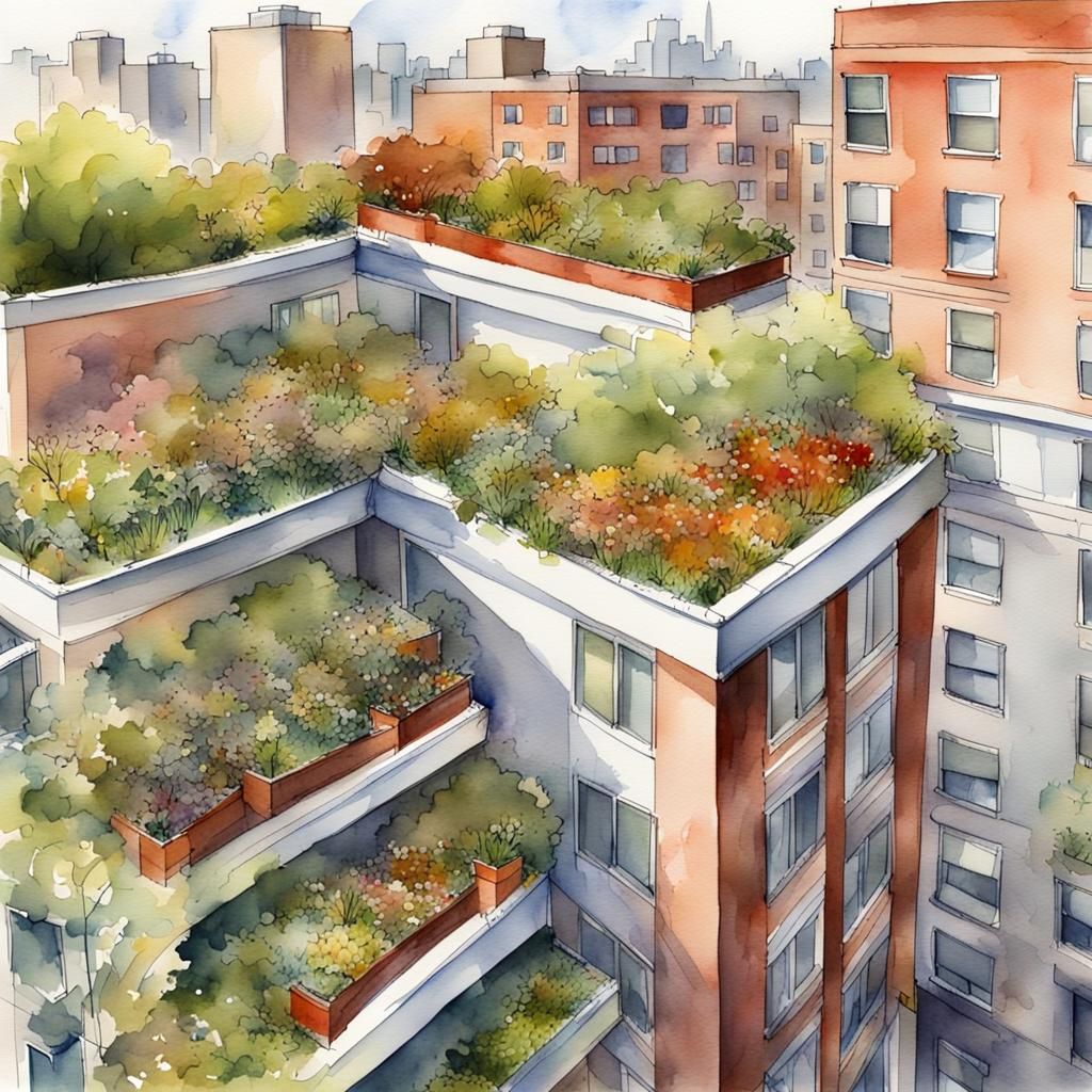Detailed Watercolor of Rooftop City Garden