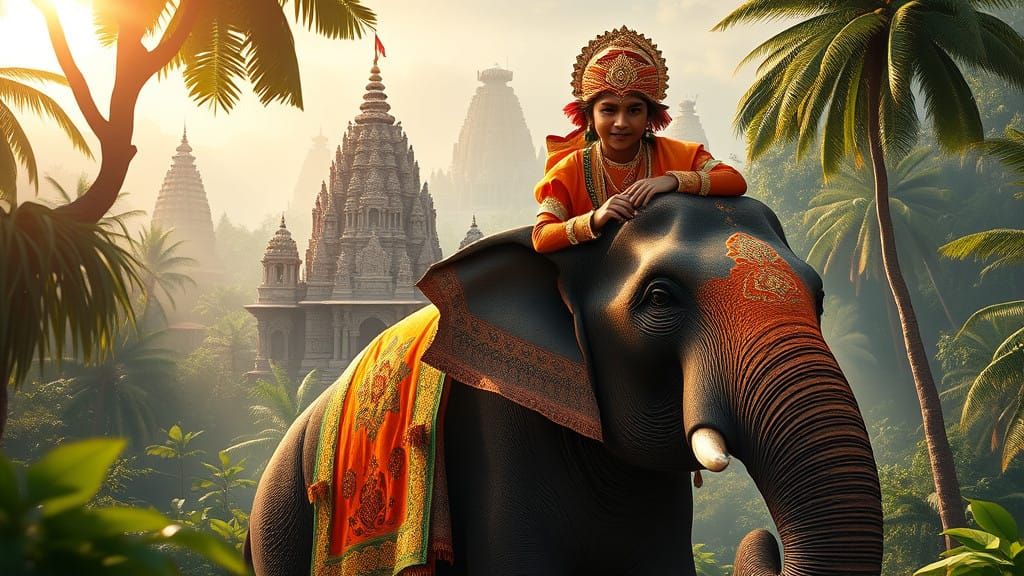 Majestic Indian Boy Rides Elephant Through Vibrant Jungle Te...