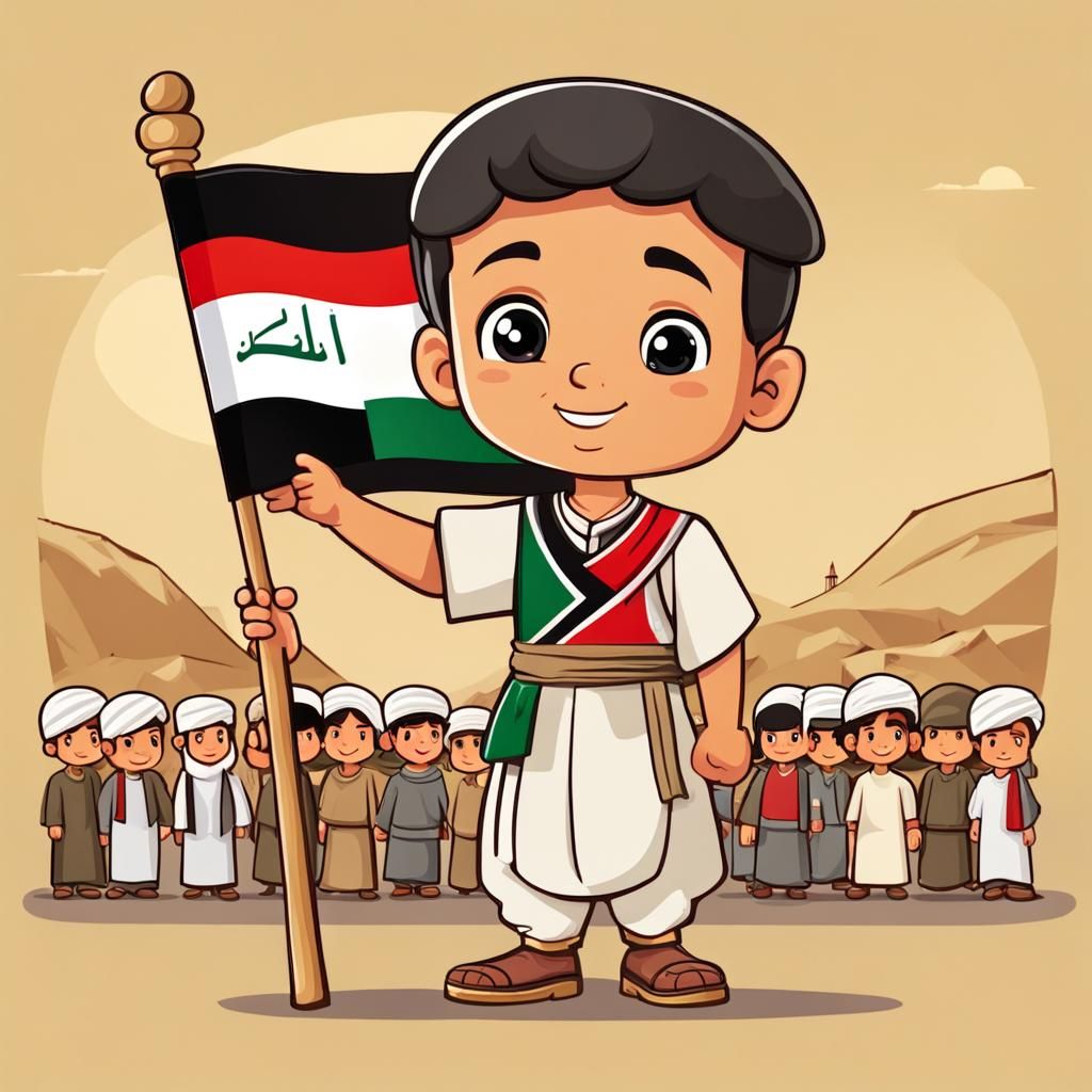 Cartoon Boy in Traditional Iraqi Dress with Flag