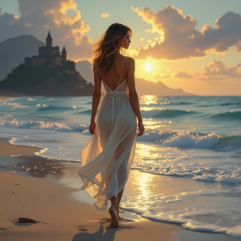 Woman on Dreamy Beach Walk Towards Distant Castle