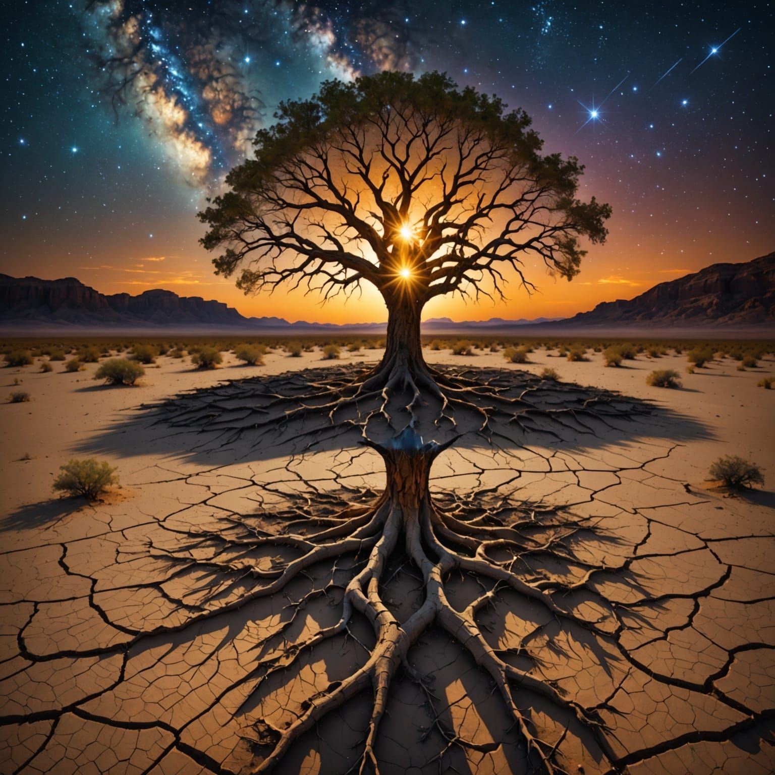 Glowing Tree With Liquid Gold Roots on Cracked Desert Floor