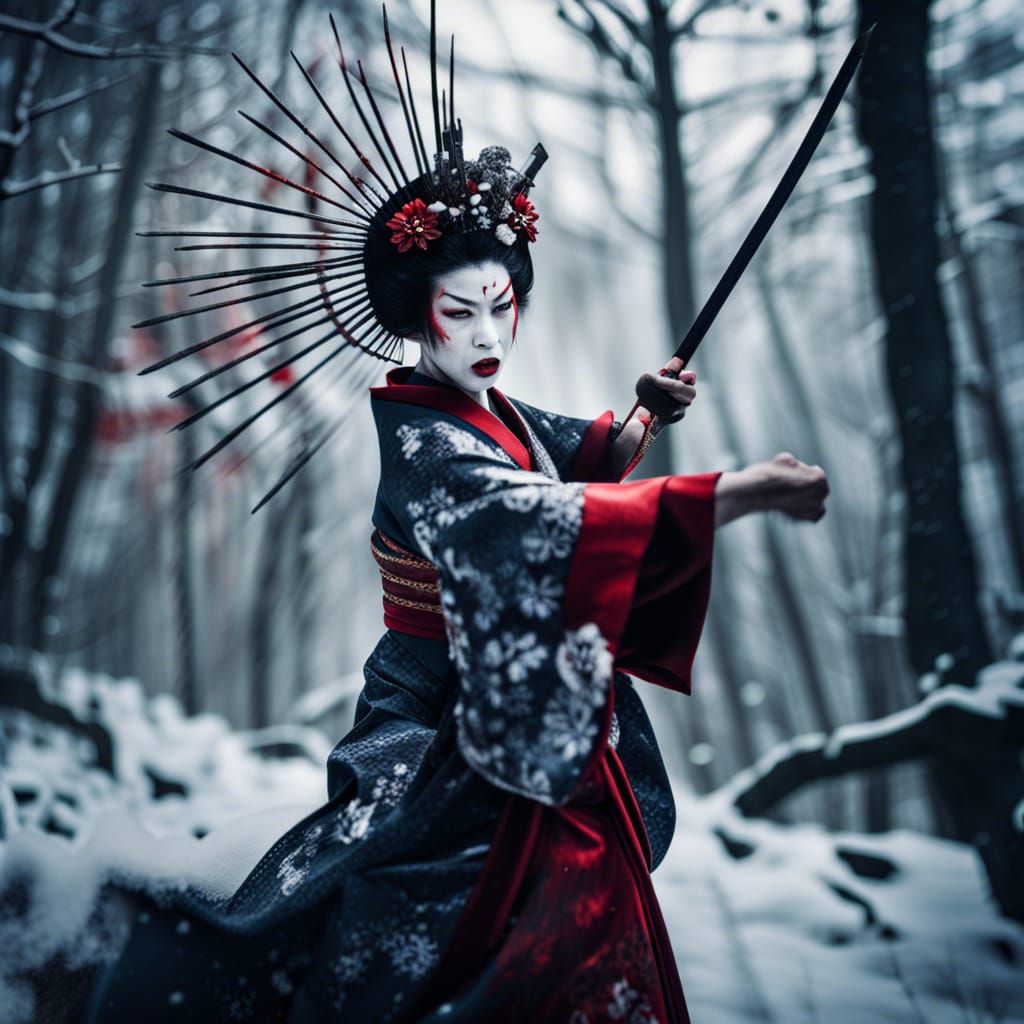 Menacing Geisha Queen in Winter Forest