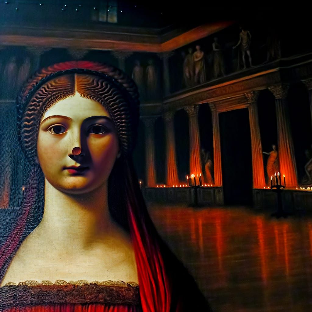 Ancient Greek Portrait of a Maiden in Dark Ballroom