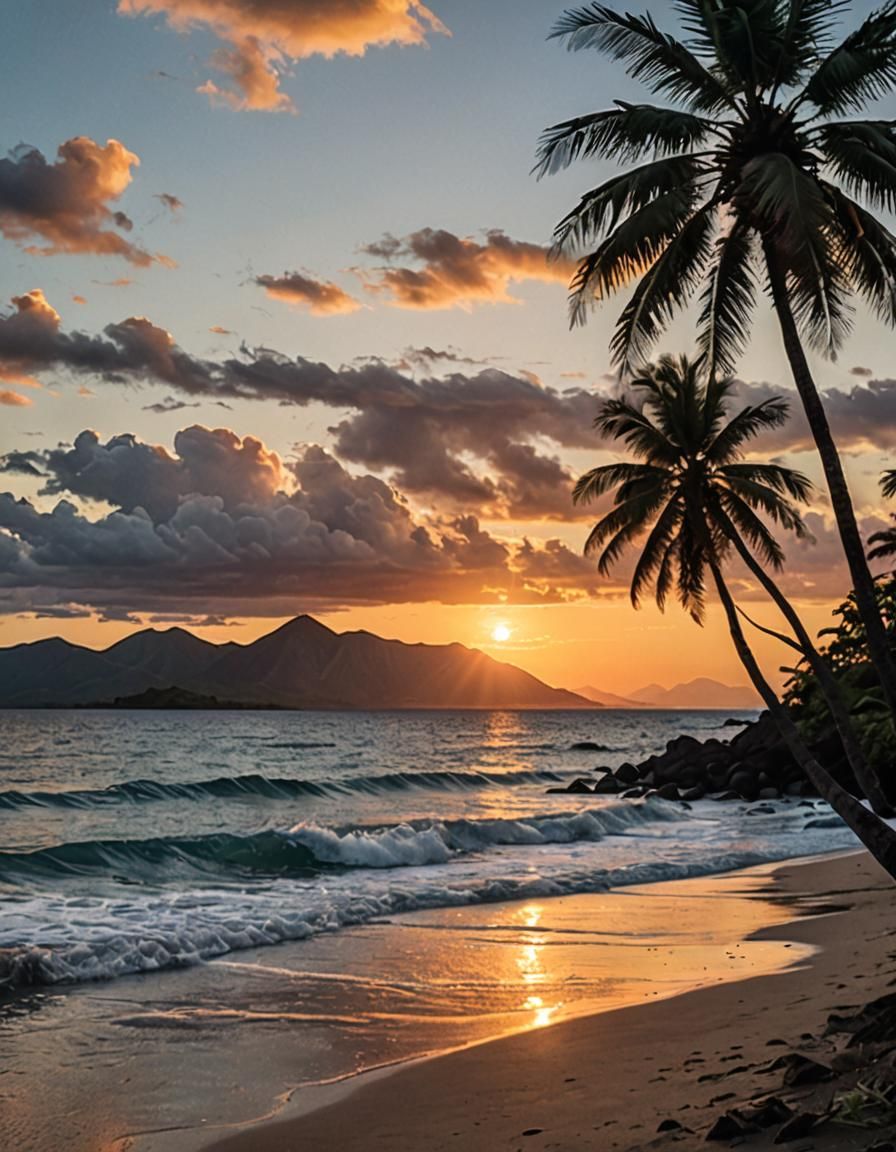 Fiji Sunset Over Ocean With Mountains and Palms