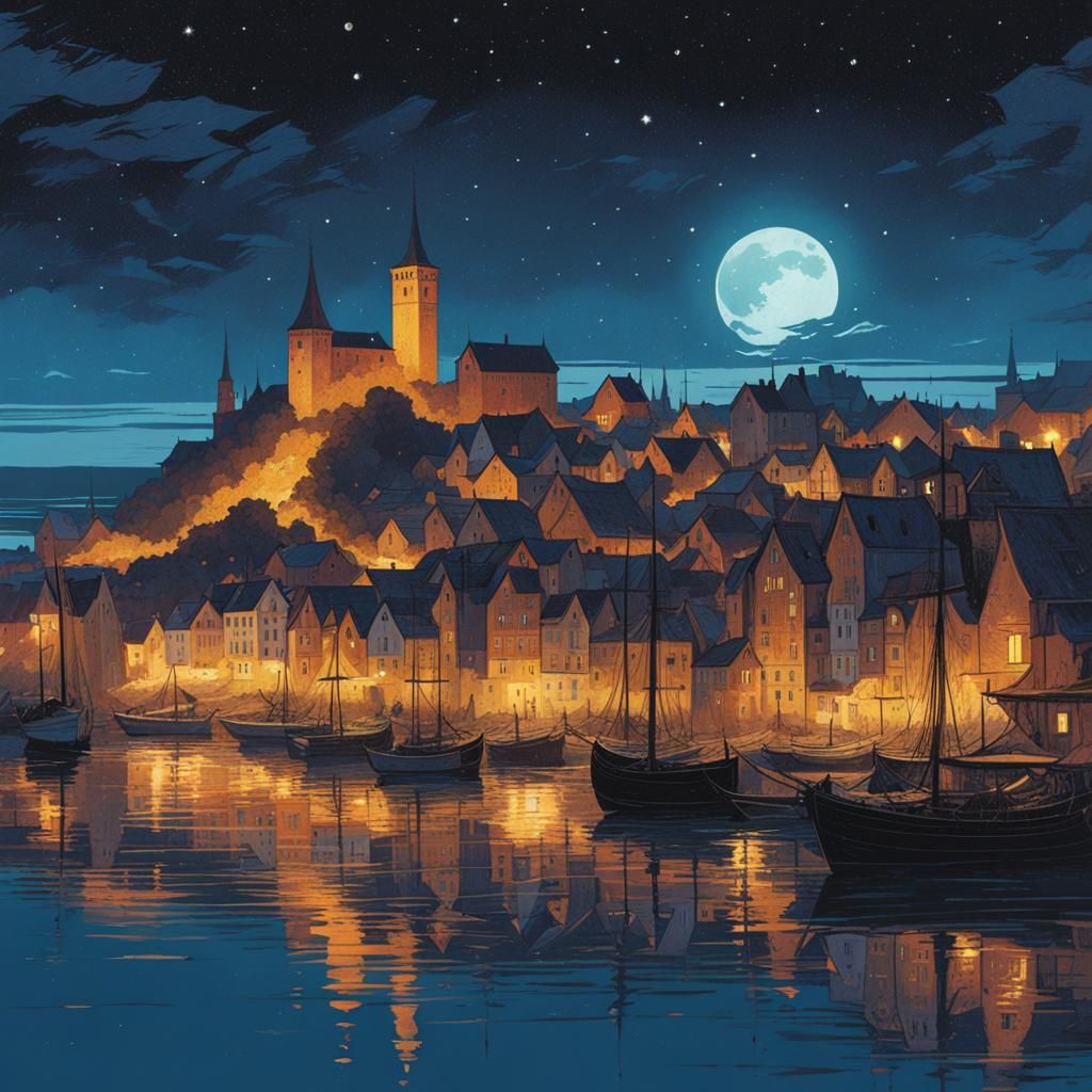 Medieval Port Town Under Starry Sky