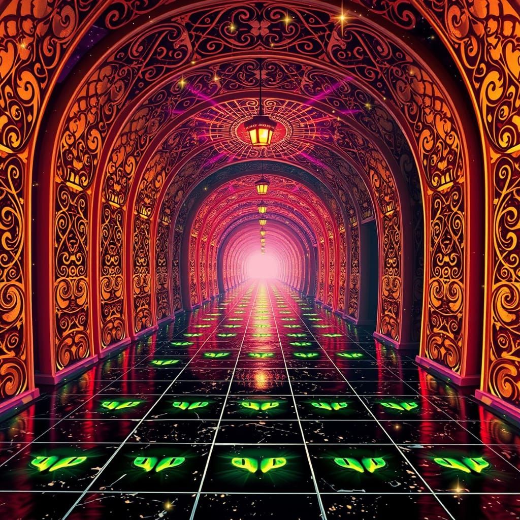 Surreal hallway with green eyes 7