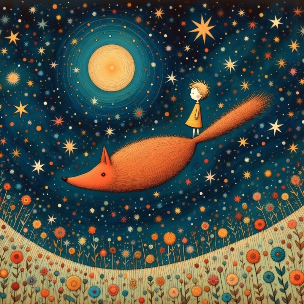Intricate Whimsical Illustration of the Little Prince and th...