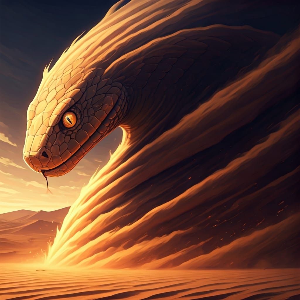 Sandstorm Snake in Desert, Cel-Shaded Anime Style