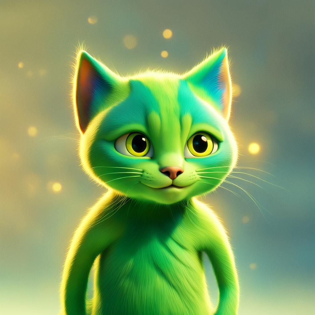 Bright Green Cat Smiles in Pixar-Style 3D Portrait