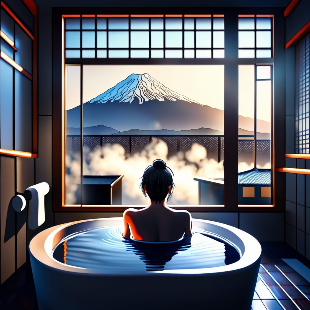 Person in Japanese Hotel Tub with Fuji View