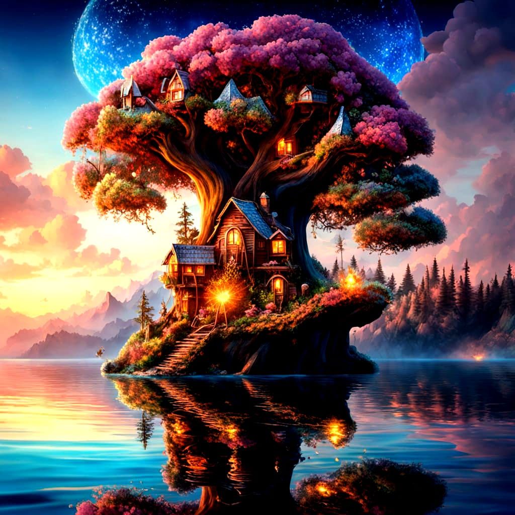 Epic Fantasy Tree Village in a Shimmering, Glittering Paradi...