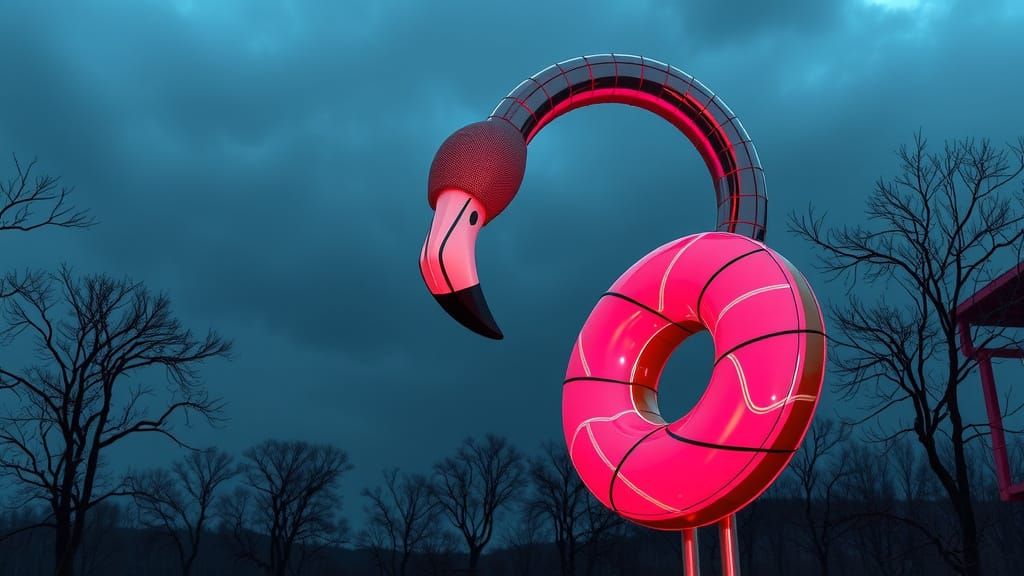 Surreal Steel Giant Devours Doughnut Amidst Whimsical Landsc...
