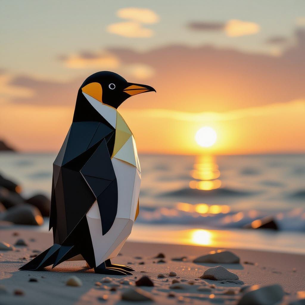 Origami Penguin Gazing at Sunset, Geometric Paper Art